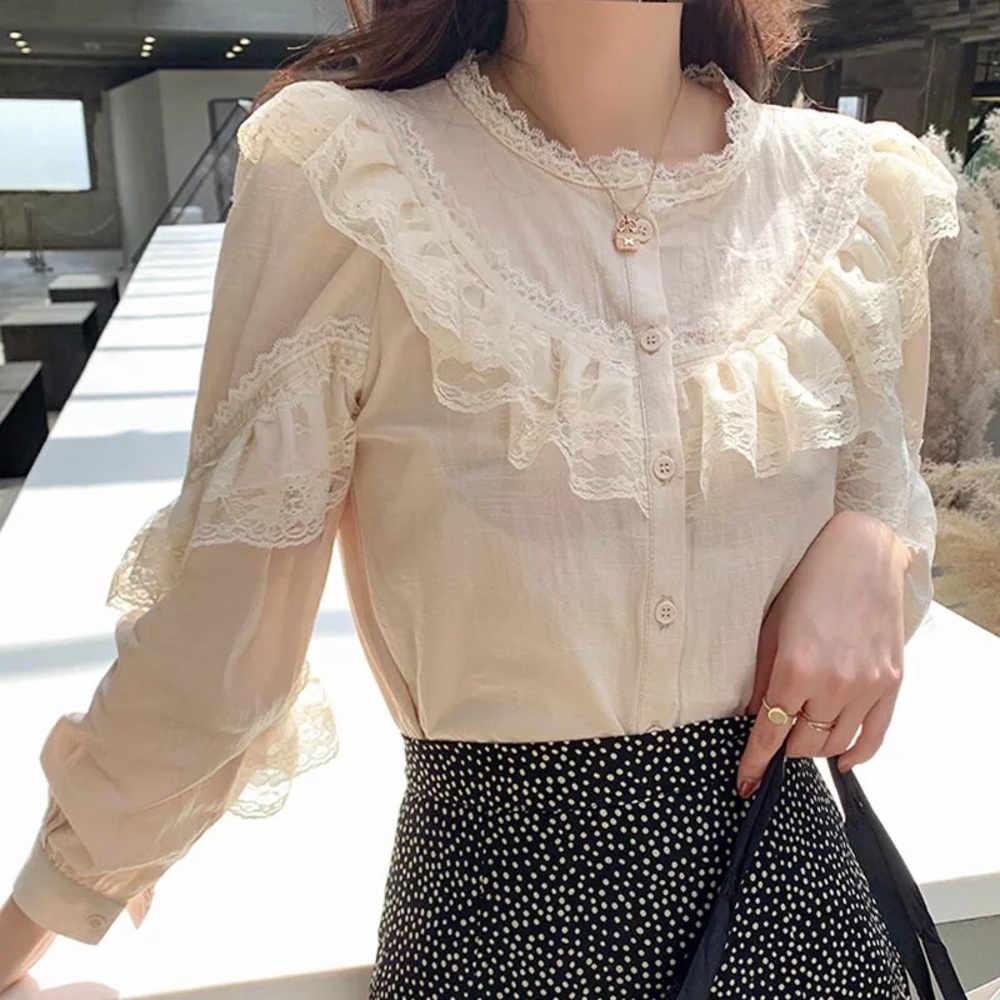 Lace blouse button shirt cream beige ruffle long sleeve  top womens - Picture 2 of 10